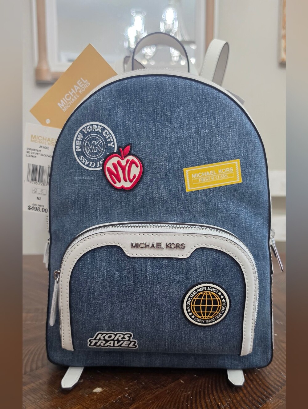Michael Kors Denim Blue Backpack with White Trim and Travel Patches